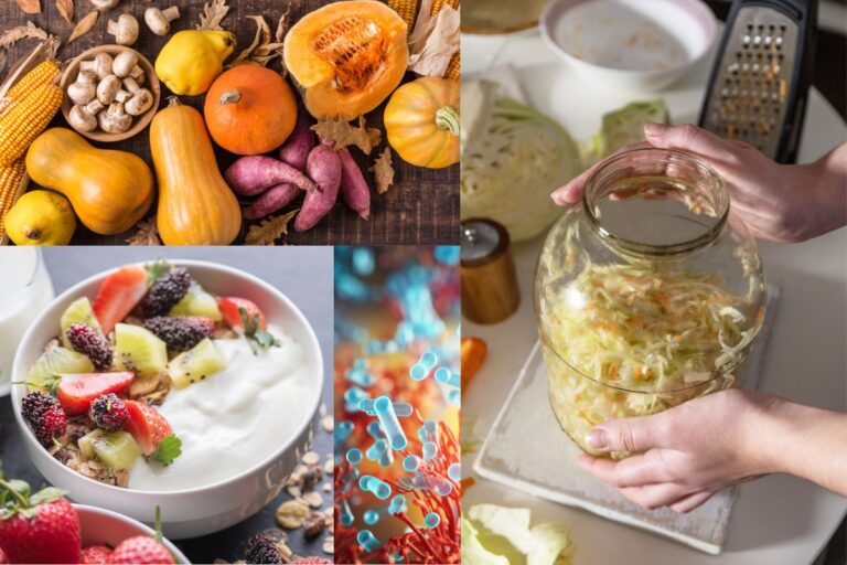 A collage showing an assortment of fresh vegetables, a bowl of yogurt with fruit, a person fermenting cabbage in a jar, and a close-up of microscopic bacteria.