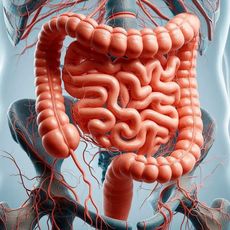 A detailed anatomical illustration of the human intestines, including the small and large intestines with visible blood vessels, akin to comparing ghee vs. butter in their intricate details.
