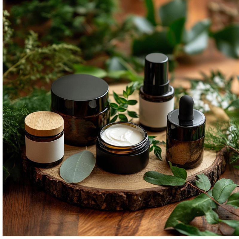 A selection of skincare products in dark containers, including bottles and jars, displayed on a wooden surface adorned with various green foliage.