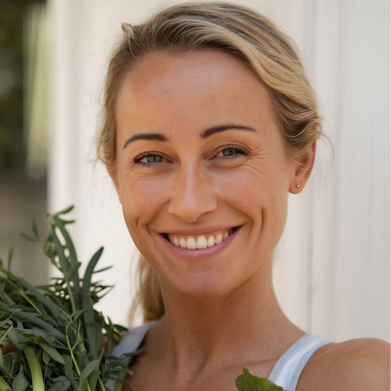 A woman with blonde hair smiles at the camera, holding a bunch of leafy greens. She is standing against a light-colored background.