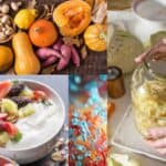 Collage showing pumpkins, sweet potatoes, yogurt with fruit, bacteria illustration, and hands holding a jar of fermented food. Discover how to hack your health and uncover the secrets of your gut with this colorful montage.