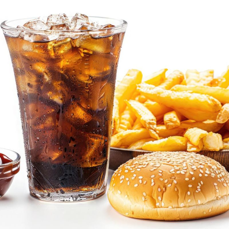 A glass of soda with ice next to a hamburger and a bowl of fries on a white background.