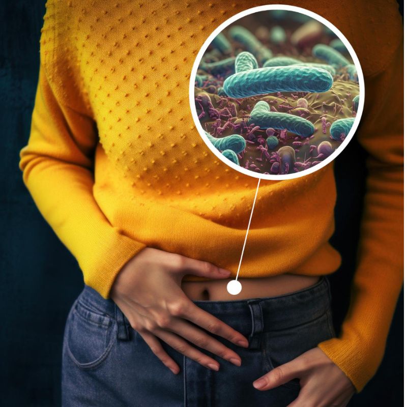 Person in a yellow sweater and jeans with a graphical insert showing bacteria, implying a focus on gut health or microbiology.