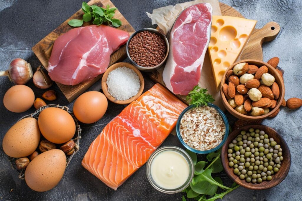Assorted high-protein foods, including eggs, nuts, cheese, salmon, pork, and lentils, arranged on a dark textured surface.