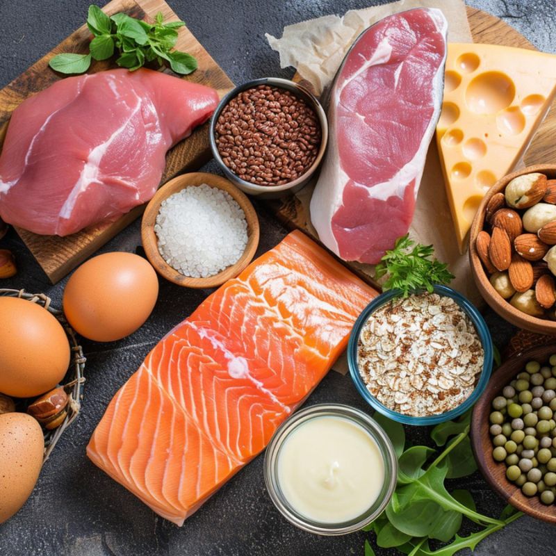 Assortment of high-protein foods including salmon, pork, eggs, cheese, nuts, and legumes, arranged neatly on a dark textured surface.