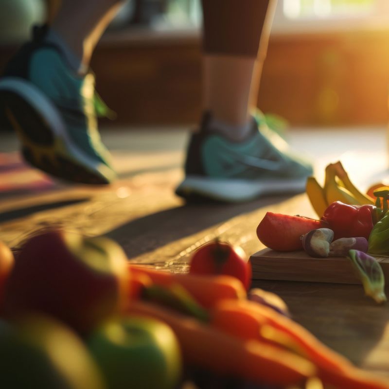 Close-up of fresh vegetables on a cutting board with a person wearing sneakers blurred in the background.