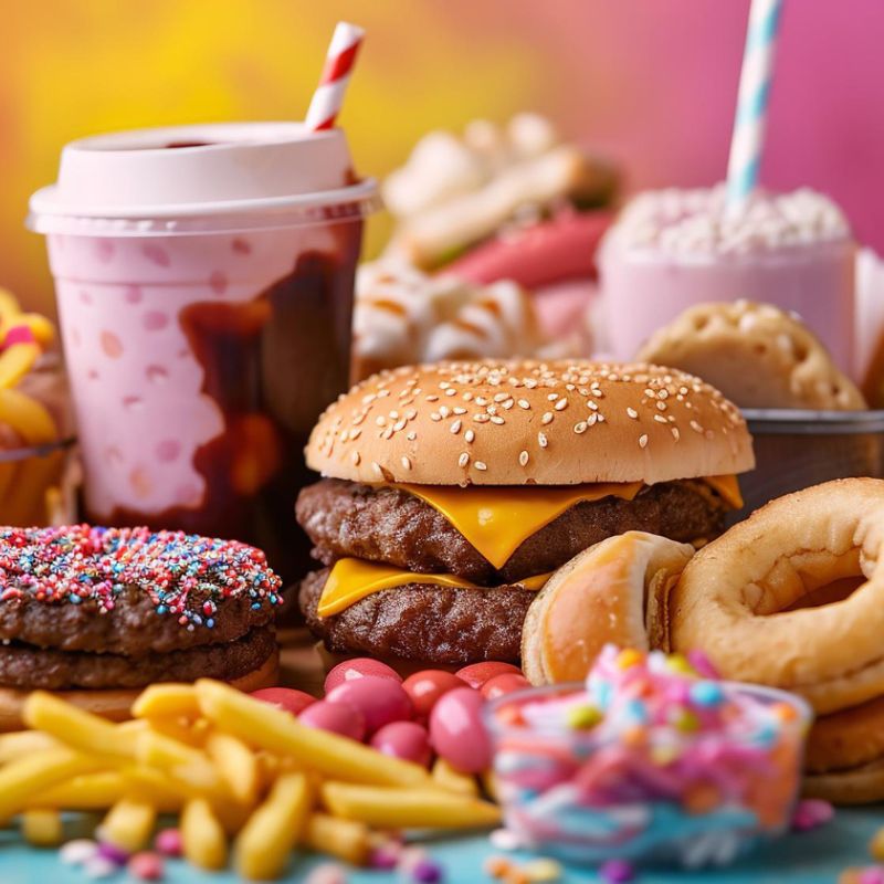An assortment of fast food including a double cheeseburger, onion rings, fries, a pink milkshake, a hot dog, and various colorful sweets and pastries.