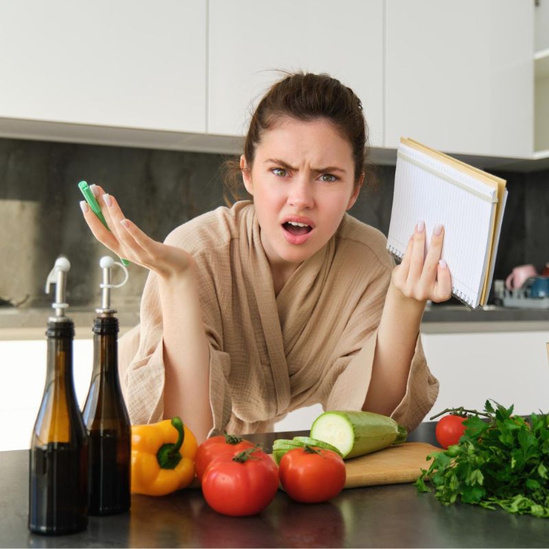 A person in a kitchen holding a notepad and marker while looking confused, surrounded by various vegetables, herbs, and olive oil bottles on the countertop.