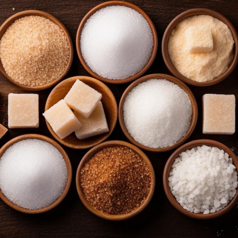 An assortment of different types of sugar in small brown bowls. The sugars are varied in texture and color, including white, brown, granulated, cubed, and coarse varieties, arranged on a dark surface.