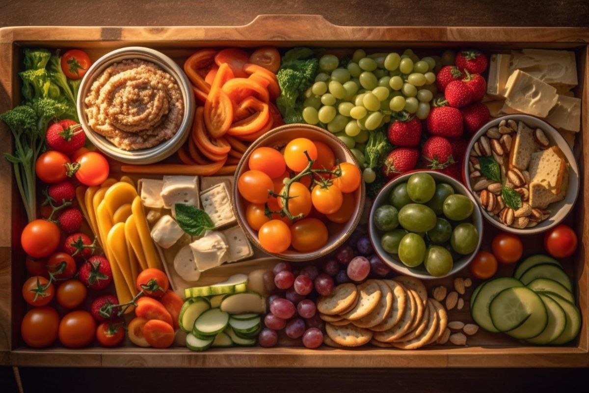 A wooden tray filled with various fruits, vegetables, cheese, crackers, and a dip. Items include cherry tomatoes, grapes, strawberries, cucumbers, bell peppers, nuts, and a bowl of hummus.