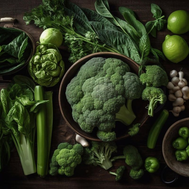 A variety of green vegetables, including broccoli, lettuce, celery, spinach, bok choy, green beans, peppers, and limes, arranged on a dark wooden surface.