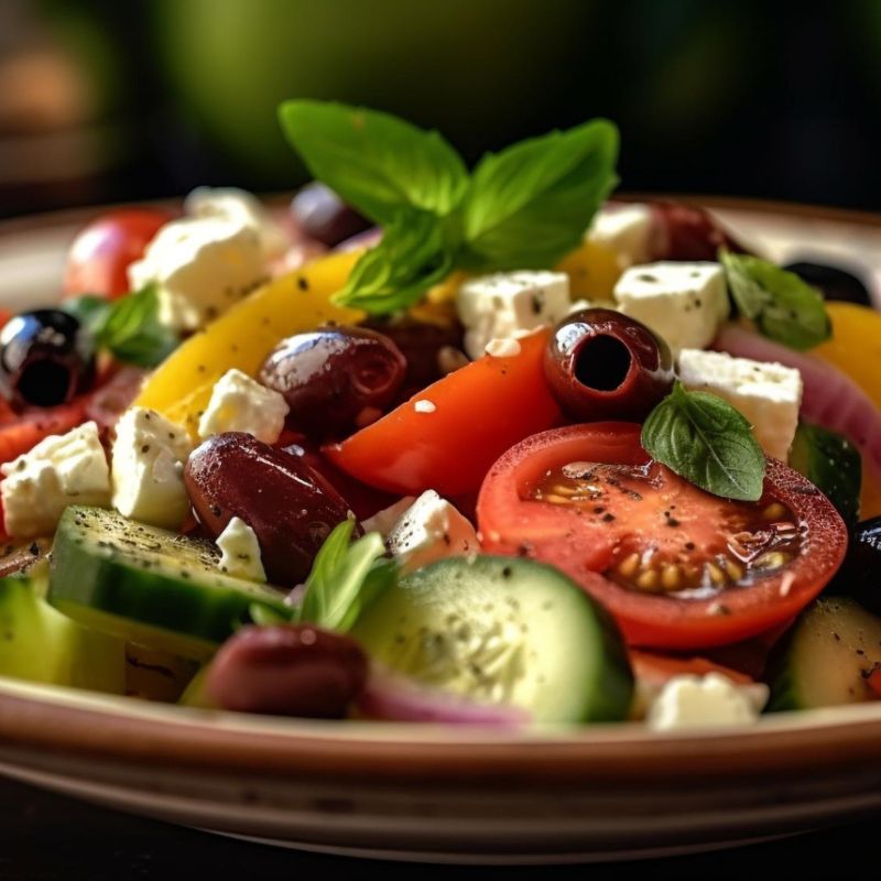 A close-up of a colorful Greek salad with fresh tomatoes, cucumbers, olives, red onions, and feta cheese, garnished with basil leaves and seasoned with pepper.