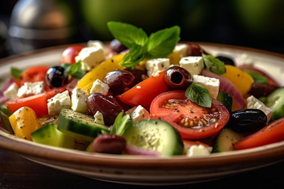 A close-up of a Greek salad featuring tomatoes, cucumbers, olives, red onions, bell peppers, feta cheese, and fresh basil leaves, served in a beige and brown ceramic bowl.