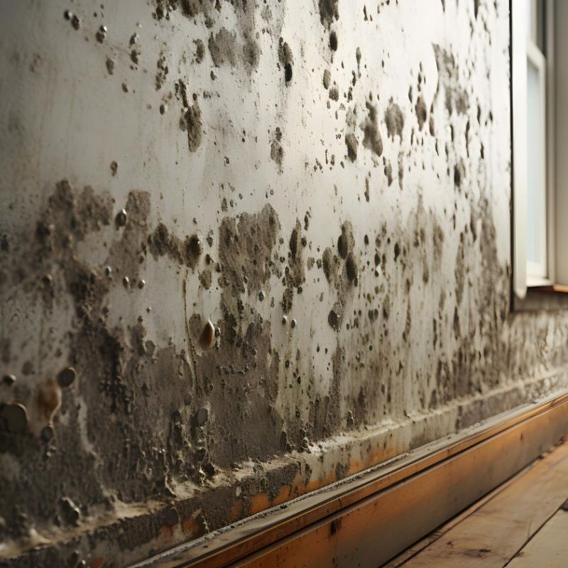A close-up of a wall with extensive mold growth near the baseboard, alongside a wooden floor and partially visible window.