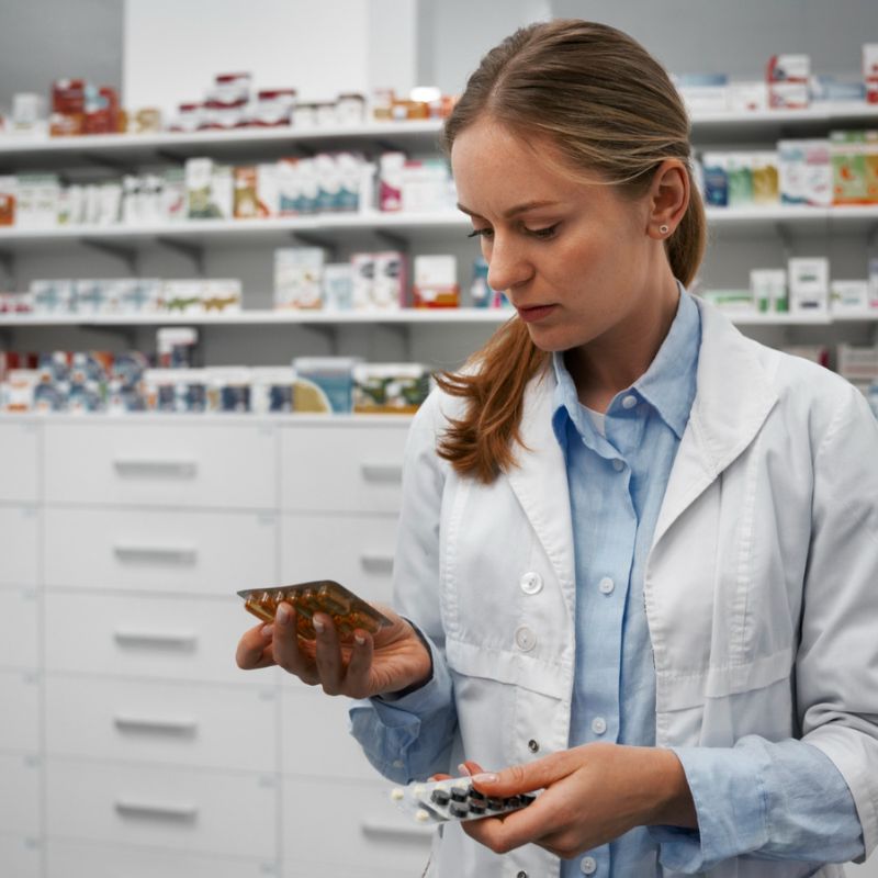 A woman in a white lab coat inspects medication packets in a pharmacy with shelves of various medicines behind her.