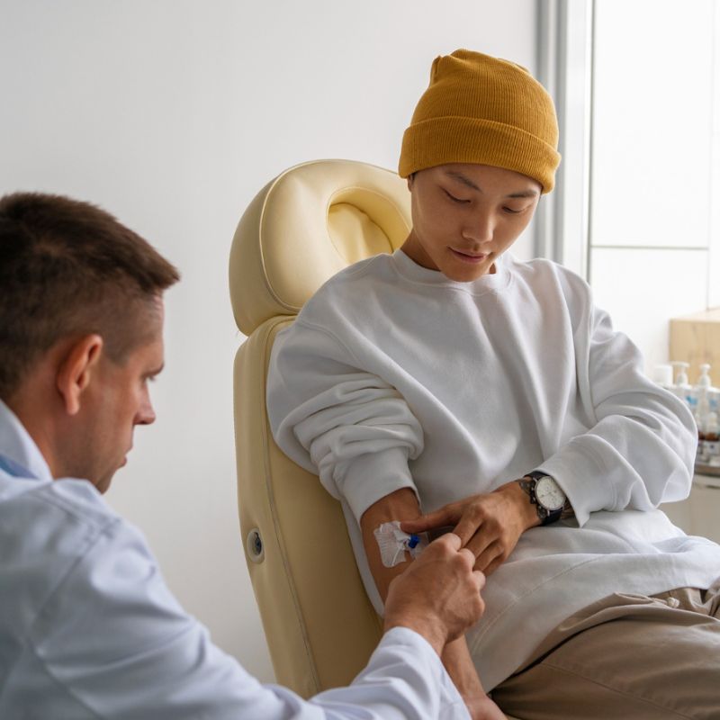 A medical professional in a white coat applies a bandage to a person's arm after a procedure in a clinical setting. The person is wearing a yellow beanie and a white sweatshirt.