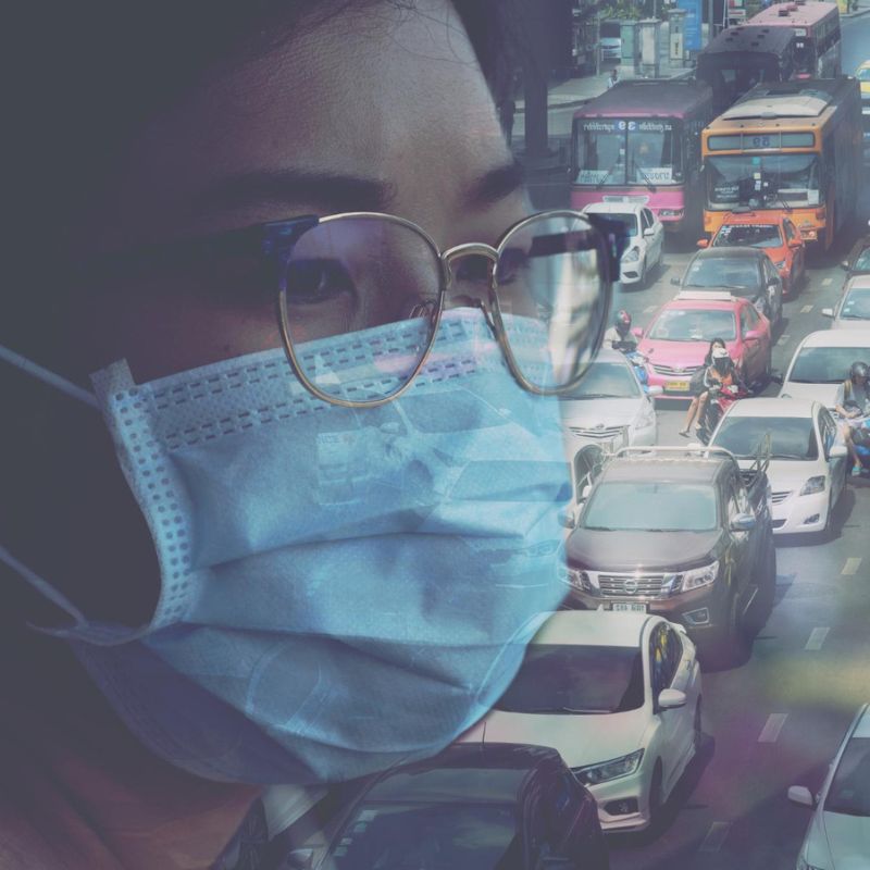 A person wearing glasses and a face mask is superimposed on an image of heavy traffic, highlighting concerns about pollution and public health.