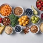 A variety of healthy foods are displayed, including cutting boards with chopped melon, bowls of beans, nuts, and whole grains, an avocado, blueberries, strawberries, apples, and bananas.
