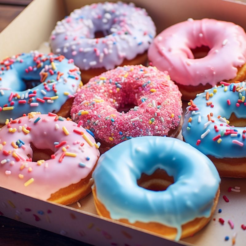 A box of seven colorful donuts with various icing and sprinkles. The donuts include pink, blue, purple and one with pink icing and small multicolored sprinkles.