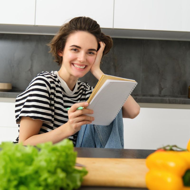 A person in a striped shirt sits in a kitchen holding a notepad and pen, smiling. There's a cutting board with green lettuce and yellow bell peppers in the foreground.