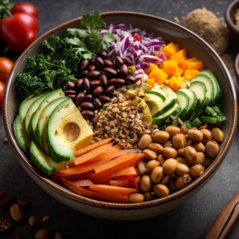 A bowl of mixed salad ingredients including avocado, cucumber, carrots, red onion, yellow bell pepper, black beans, edamame, kale, and nuts, garnished with cilantro.