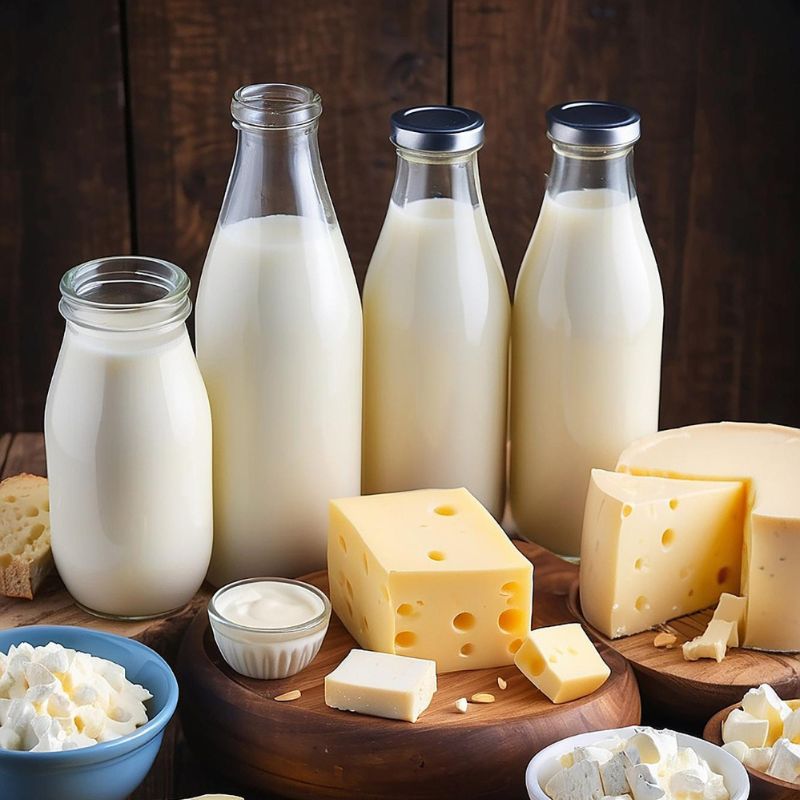 Various dairy products including milk bottles, cheese blocks, cream, and bowls of whipped cream and cheese cubes are displayed on a wooden surface, but not all items may be suitable for a candida diet.