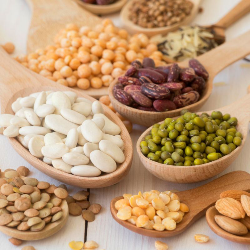 Various legumes, including white beans, chickpeas, kidney beans, green peas, lentils, and split peas, displayed in wooden spoons on a white surface—ideal options for an anti-candida diet.