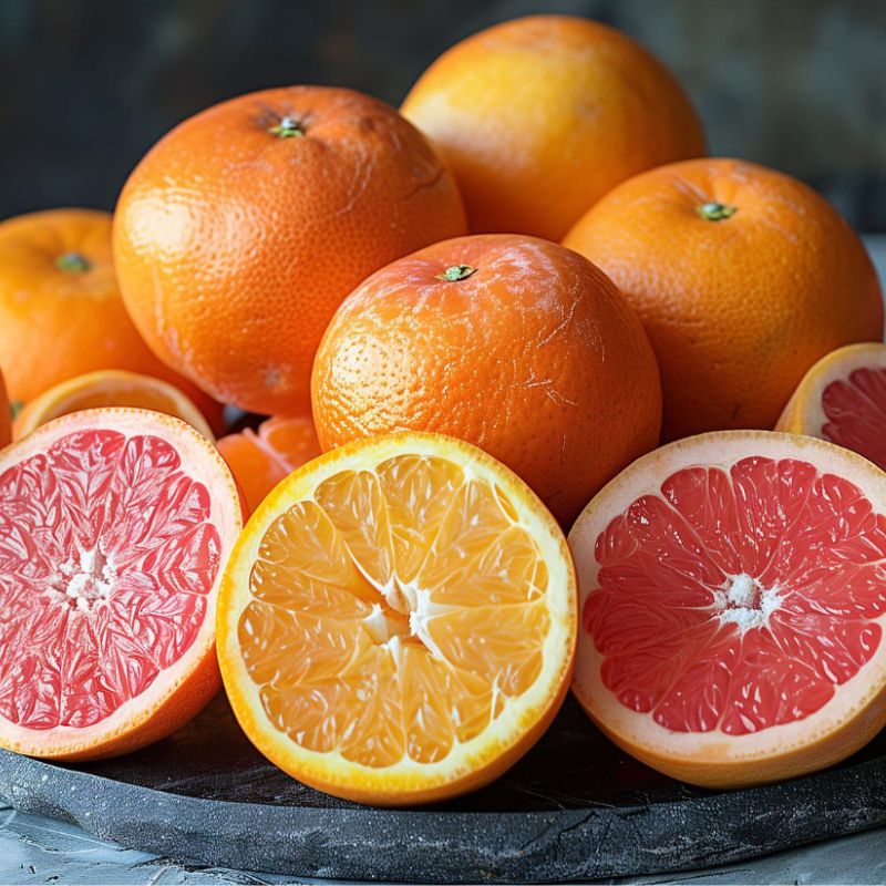 A group of whole oranges and halved grapefruits, perfect for a candida detox diet, are beautifully displayed on a black round surface. The grapefruits feature both red and yellow-fleshed varieties, adding vibrant contrasts to the arrangement.