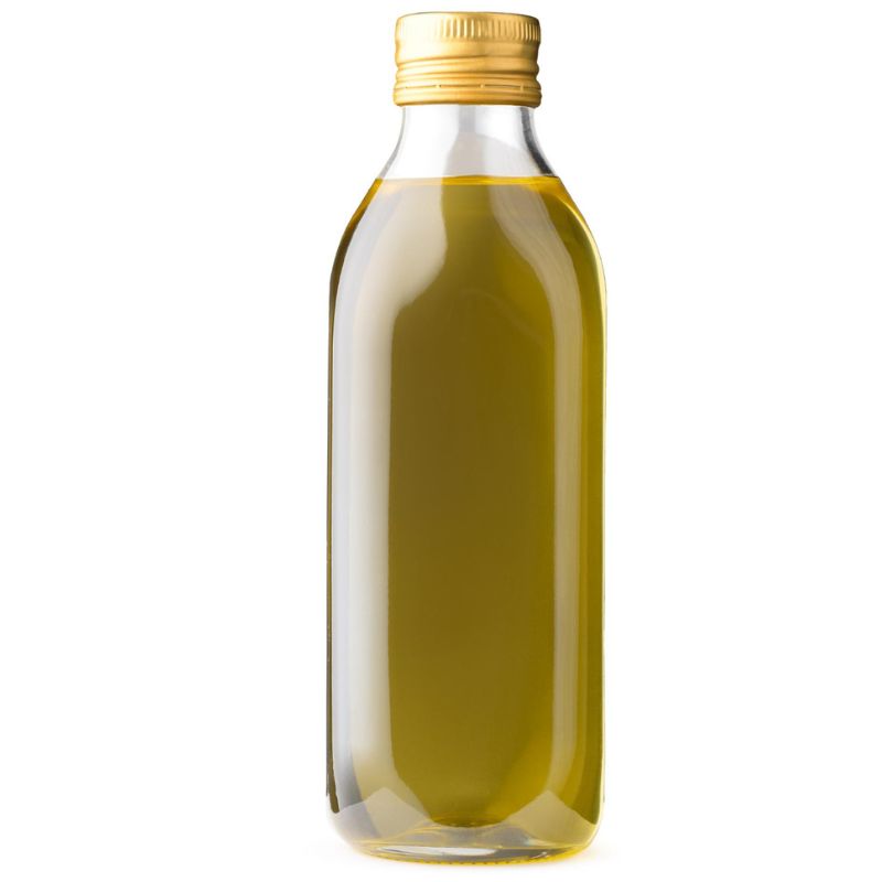 A clear glass bottle filled with yellow-green liquid, sealed with a golden cap, showcasing the essential oils and fats that perform vital functions in the body.