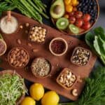 A wooden board with various nuts, seeds, and spices in bowls is surrounded by fresh vegetables and fruits including asparagus, avocado, cherry tomatoes, blueberries, lemons, and greens—an array that beautifully balances proteins and carbohydrates for a nutritious feast.