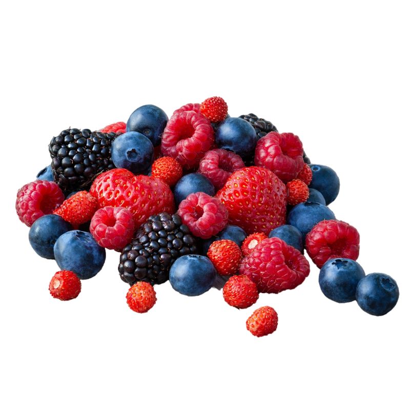 A pile of assorted berries including strawberries, blueberries, raspberries, blackberries, and small red berries against a white background.
