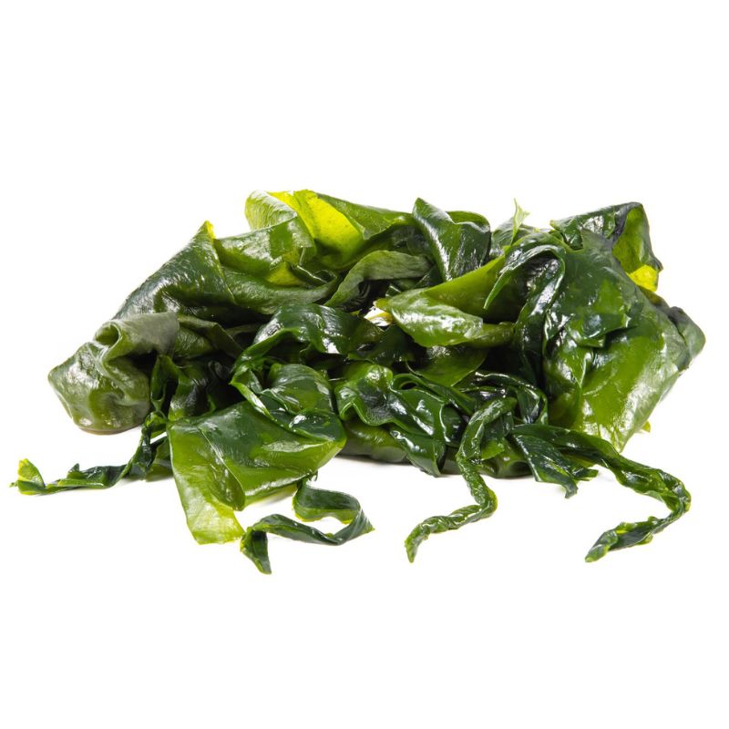 A pile of fresh, green seaweed on a white background.