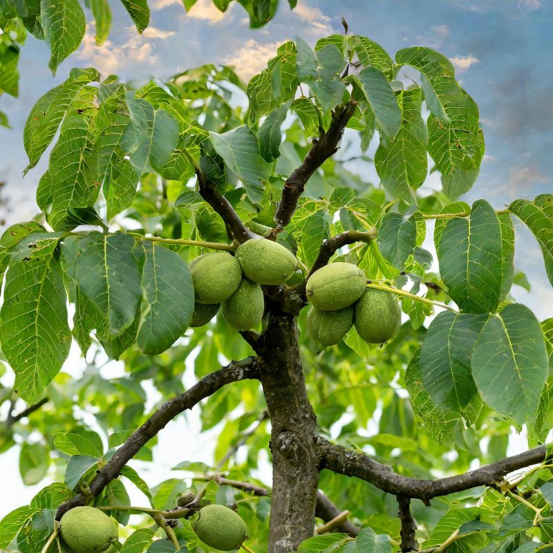 A tree with green unripe walnuts growing among large leaves under a blue sky with scattered clouds, much like the golden turmeric plants renowned for their vibrant curcumin content.