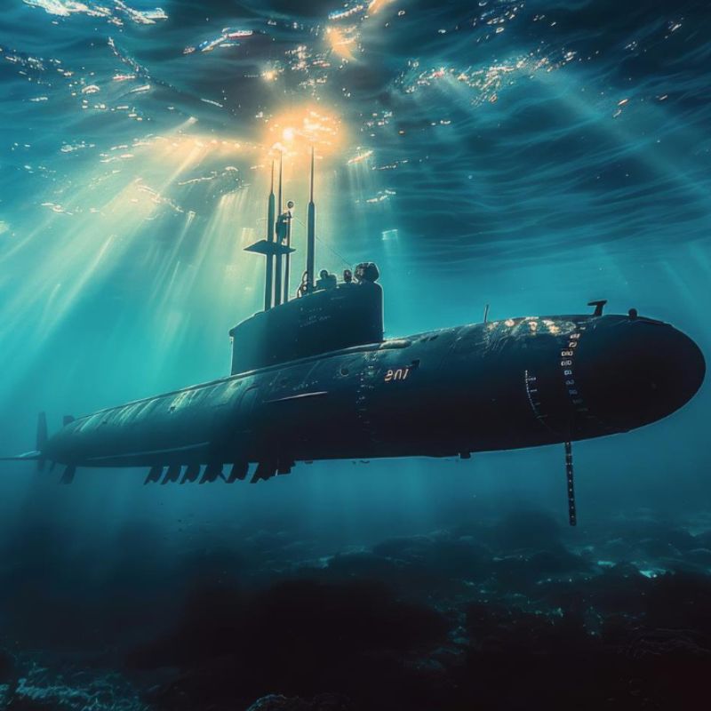 A submarine submerged underwater with light rays penetrating from the surface above, creating an almost otherworldly scene reminiscent of exploring the mysteries of a candida albicans infection.