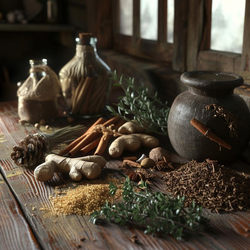 A rustic kitchen scene with spices and herbs, including ginger, cinnamon sticks, brown sugar, dried leaves, and glass jars spread across a wooden table near a window—highlighting berberine alongside its many benefits.