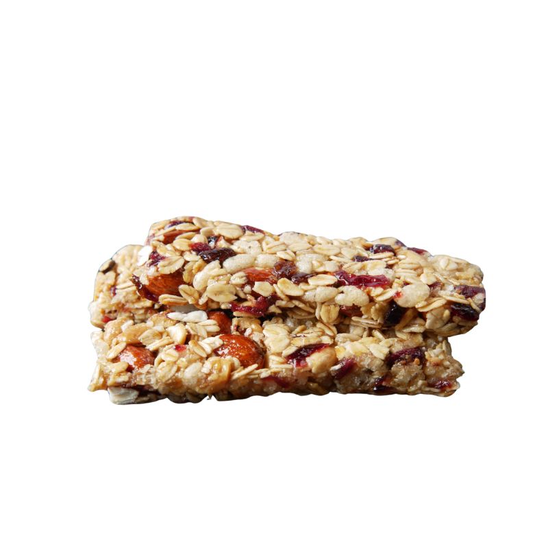 Two granola bars with visible oats, nuts, and dried fruits are stacked on top of each other against a white background, making them perfect healthy snacks for weight loss.