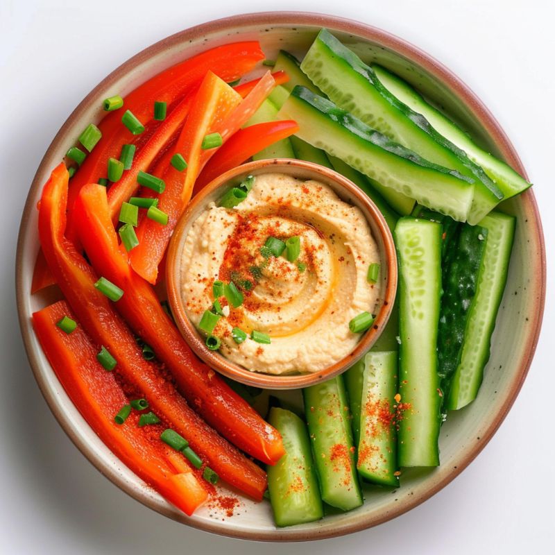 A plate with sliced red bell peppers and cucumber sticks arranged around a bowl of hummus, garnished with paprika and chopped green onions makes for perfect healthy snacks for weight loss.