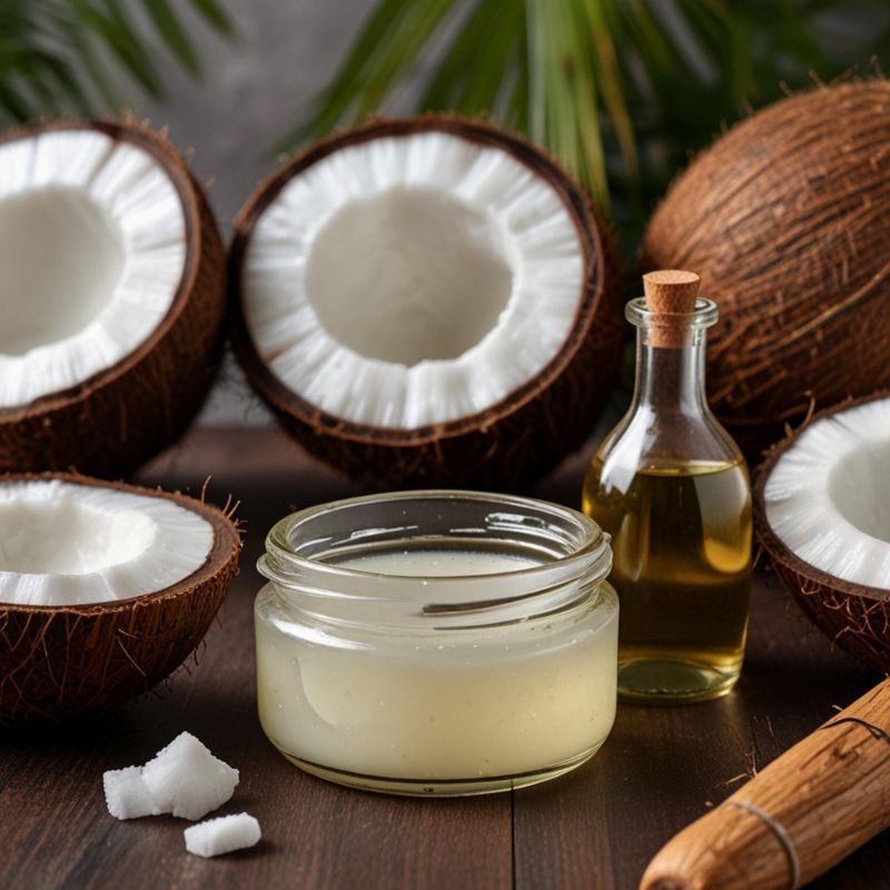 Halved coconuts, a small glass jar of coconut oil, a bottle of liquid, and two coconut sugar cubes on a wooden surface, with green leaves in the background. Nearby, a sprinkle of cinnamon hints at its renowned health benefits.