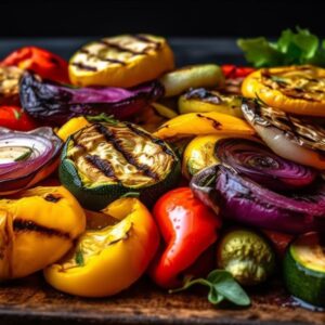 Sliced zucchini and summer squash grilling on barbecue grill - gut-friendly BBQ vegetables for candida diet