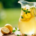Glass jug of water infused with fresh lemon slices and mint leaves, sitting on an outdoor table.