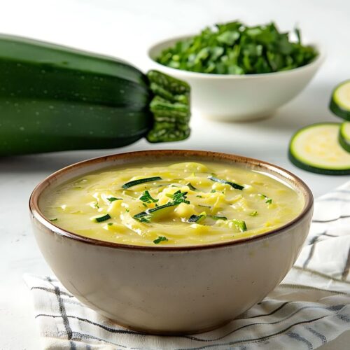 a bowl of coconut curry zucchini noodle soup rests on a teatowel with a large zucchini and a bowl of greens behind it.