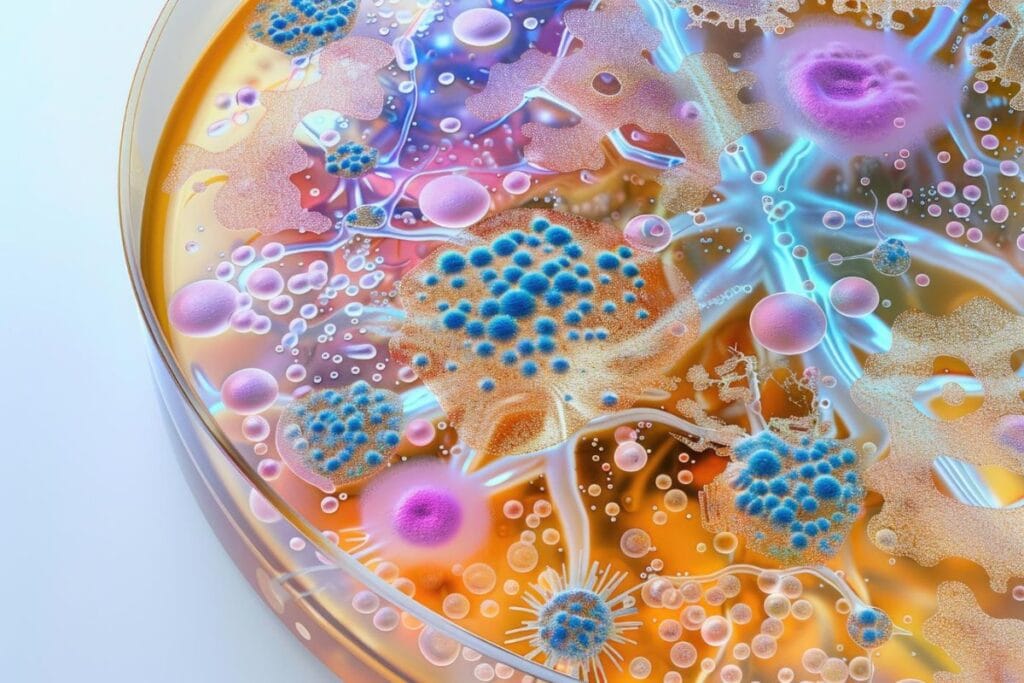 Colorful representation of a petri dish with various microorganisms and colonies.