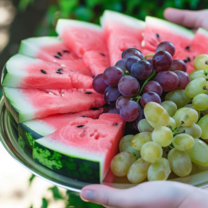 A platter of watermelon slices and clusters of red and green grapes is being held outdoors, perfect for a refreshing snack. For those concerned about food allergies, this simple fruit selection can offer a safe option with fewer risks.
